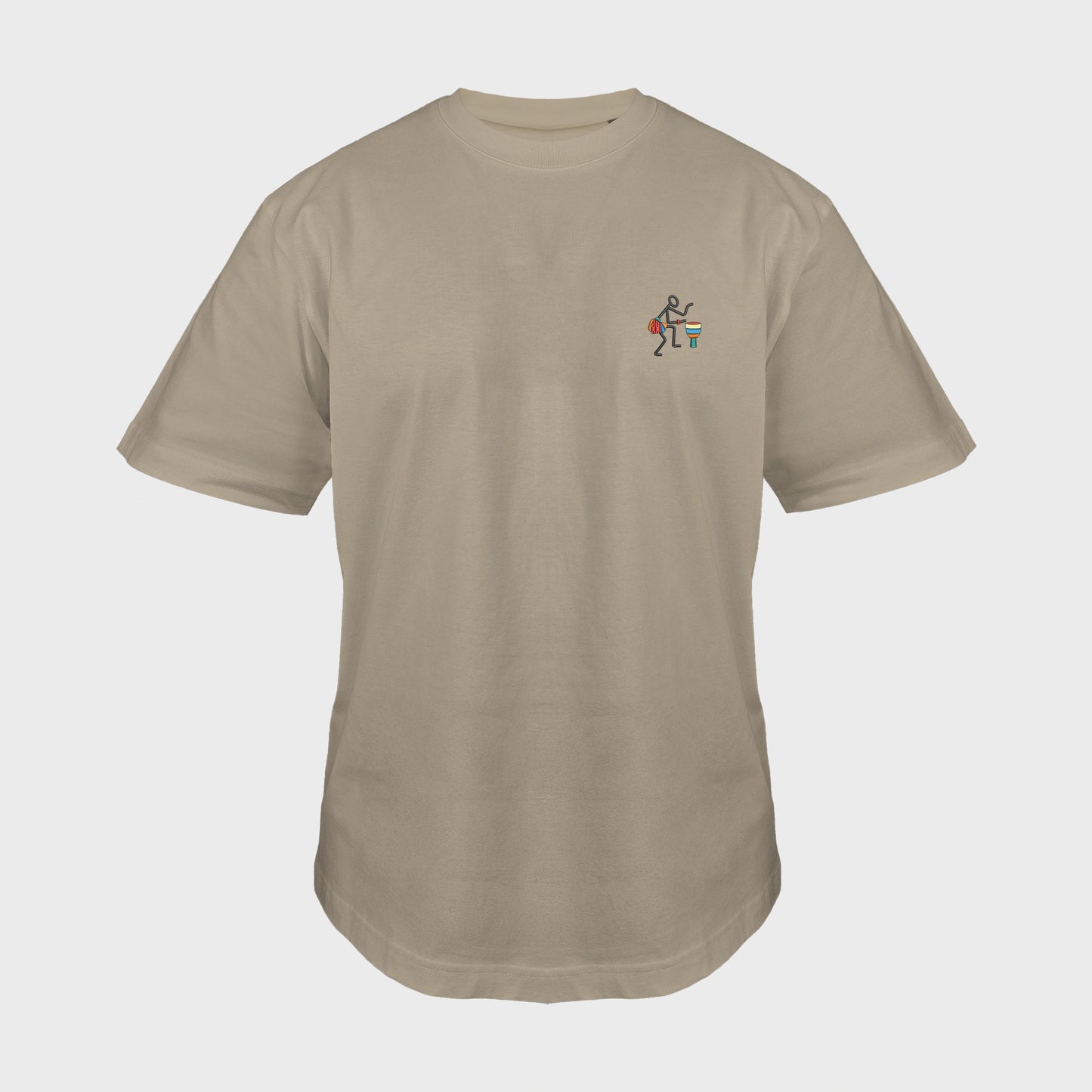 Unisex oversize mastic T-shirt with embroidered chest design, Abstract African musician playing a drum, front view man