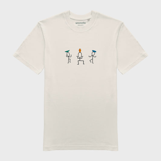 Unisex off white T-shirt with large embroidered chest design, illustration of three dancing figures with vases on their heads