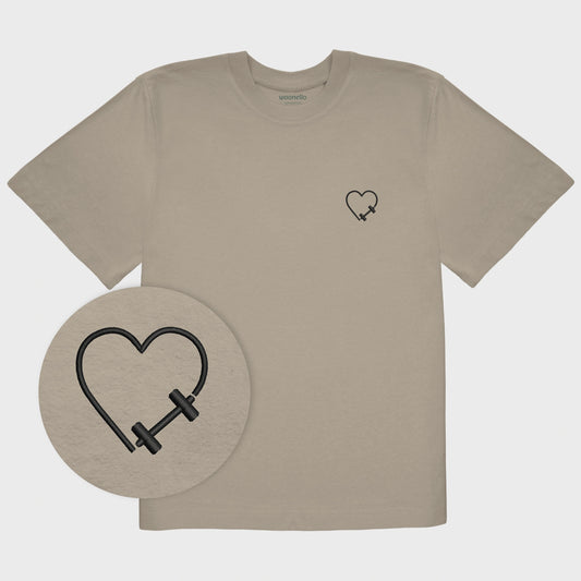 Unisex oversize mastic T-shirt with embroidered chest design, focus on design, dumbbell heart motif