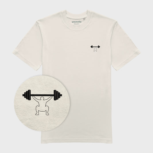 Unisex off white T-shirt with embroidered chest design, focus on design, minimalist line drawing of a person squatting with a barbell