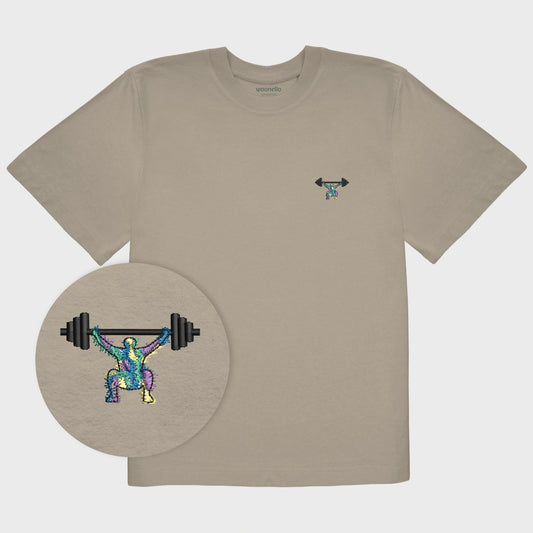 Unisex oversize mastic T-shirt with embroidered chest design, focus on design, minimalist line drawing of a person squatting with a barbell, multicolored background