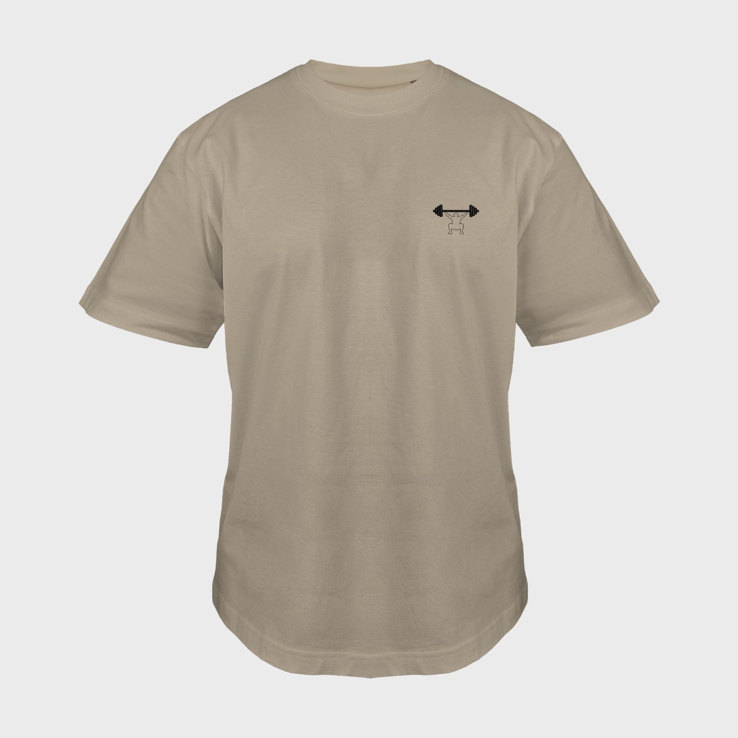Unisex-T-Shirt Oversize mastic mit bestickter Brustpartie, minimalistische Umrisszeichnung einer Person in Kniebeuge mit Langhantel, vorderansicht mann