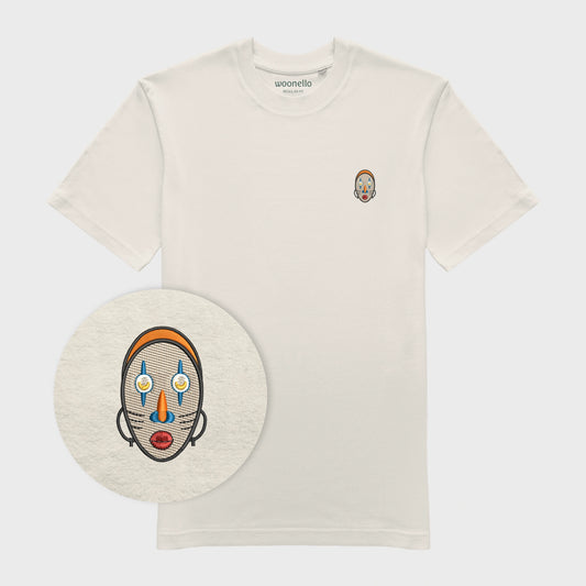 Unisex-T-Shirt petrol mit bestickter Brustpartie, Fokus auf Design, abstraktes afrikanisches Maske mit halbmondförmigen Augen