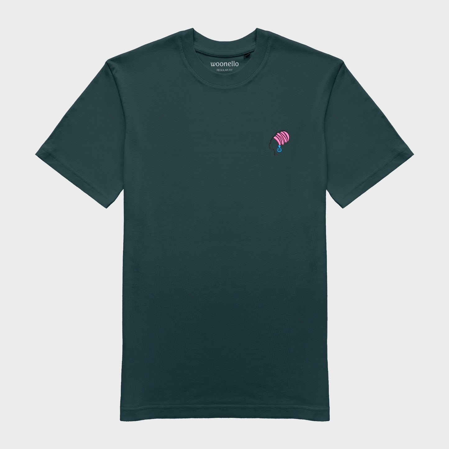 Unisex-T-Shirt petrol mit bestickter Brustpartie, afrikanischer Frau mit Kopftuch und großen Ohrringen