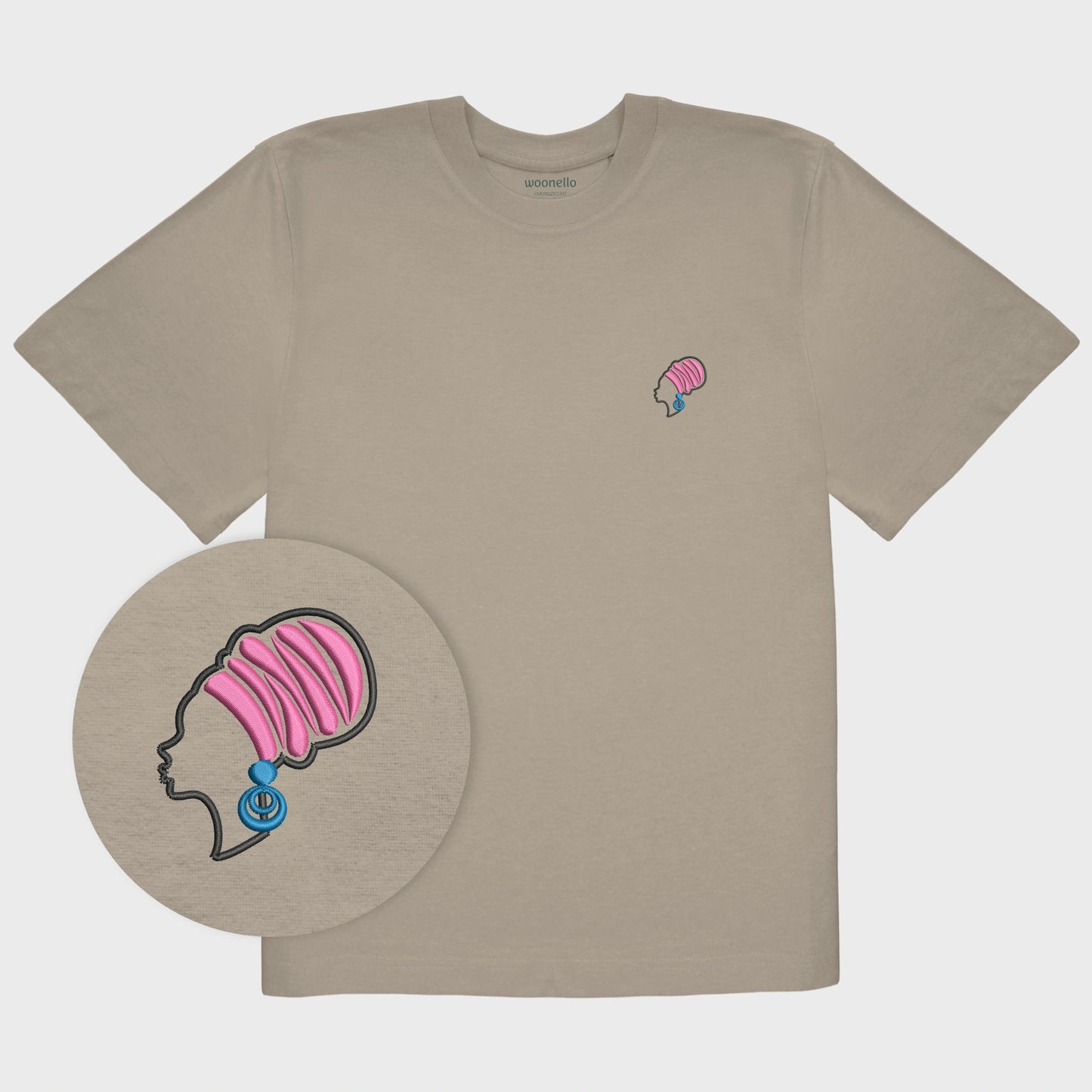 Unisex-T-Shirt Oversize mastic mit bestickter Brustpartie, Fokus auf Design, afrikanischer Frau mit Kopftuch und großen Ohrringen
