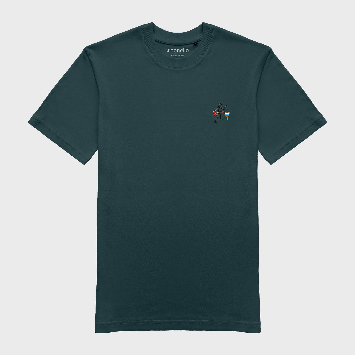Unisex amalfi teal T-shirt with embroidered chest design, Abstract African musician playing a drum