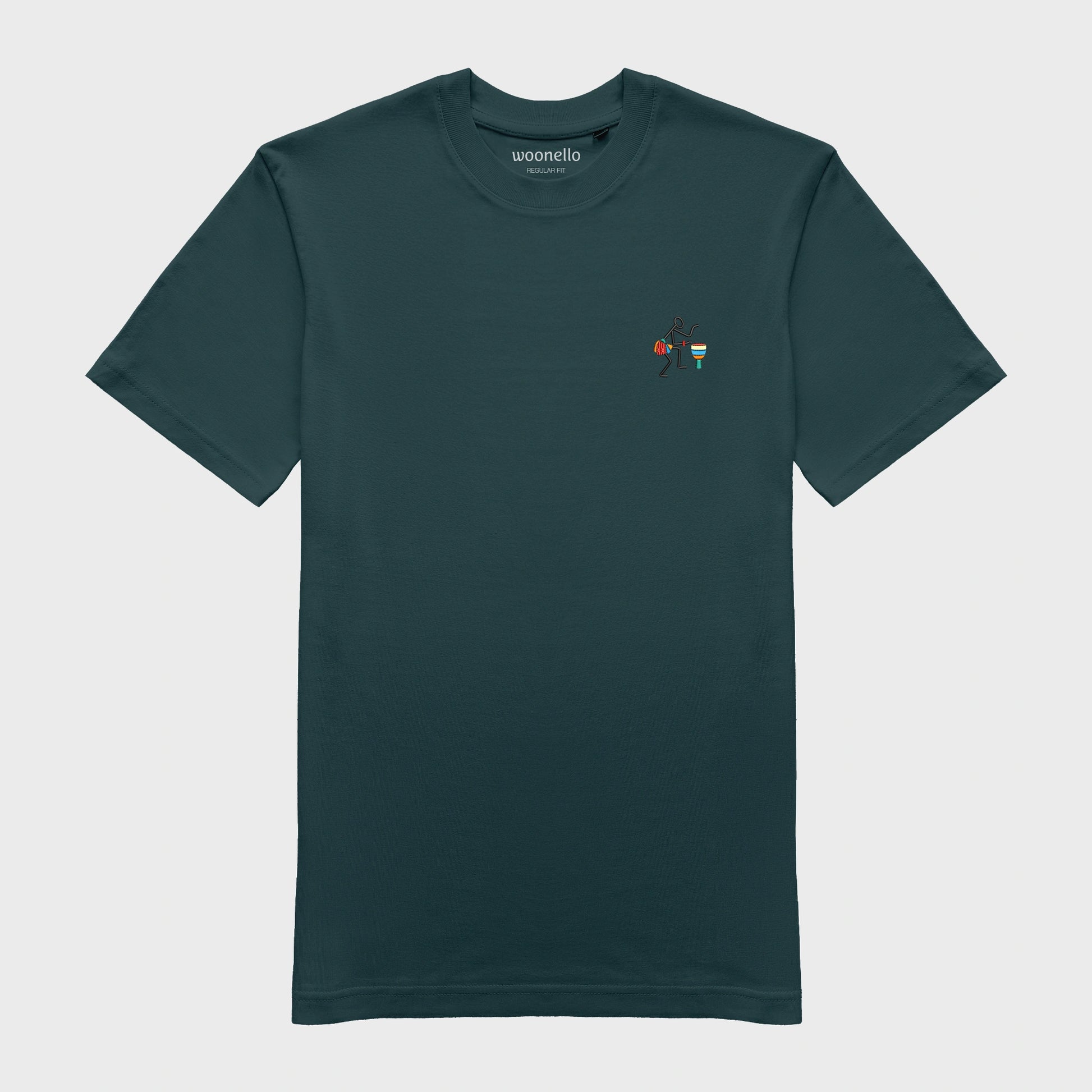 Unisex amalfi teal T-shirt with embroidered chest design, Abstract African musician playing a drum