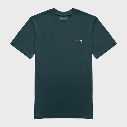 Unisex amalfi teal T-shirt with embroidered chest design, Abstract African musician playing a drum