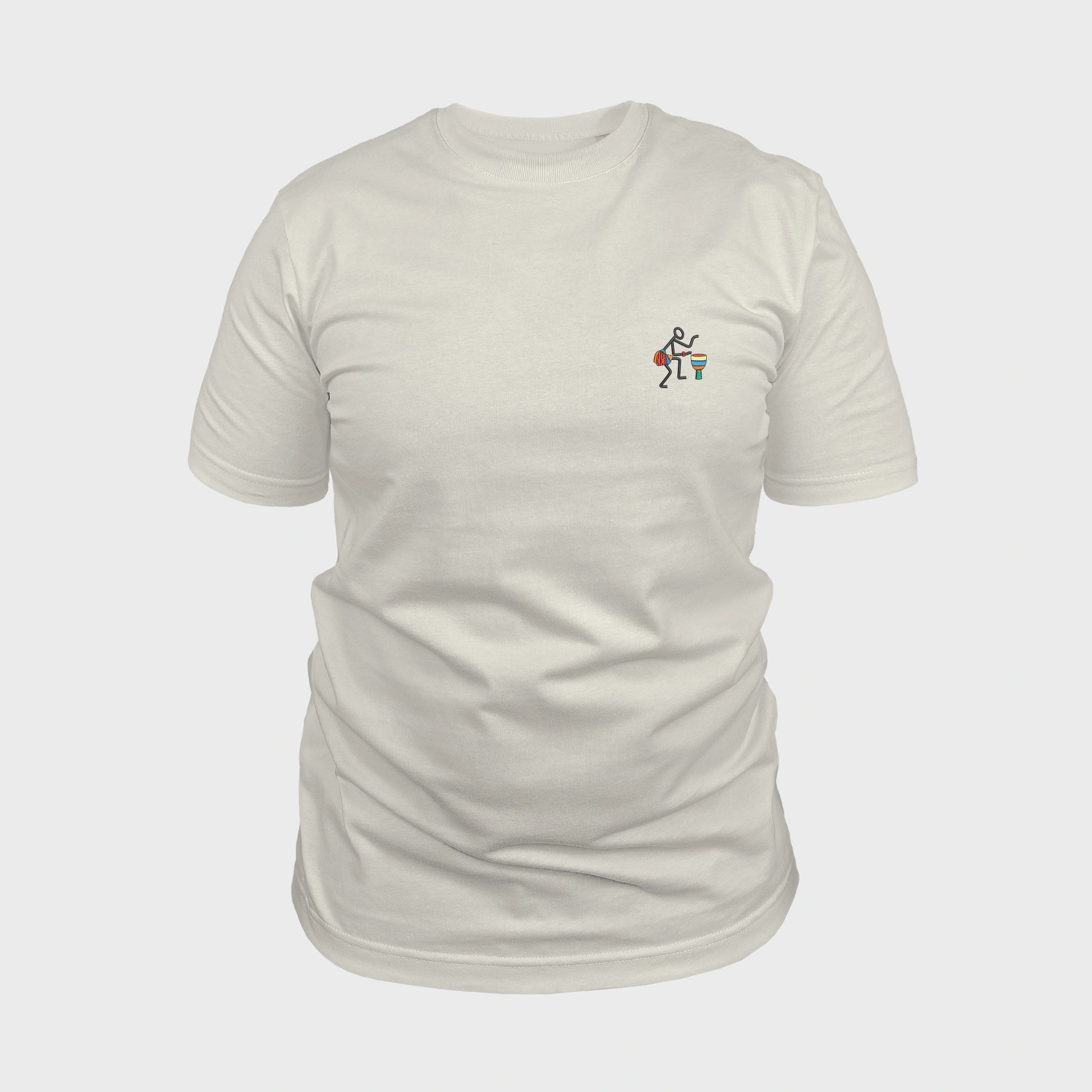 Unisex off white T-shirt with embroidered chest design, Abstract African musician playing a drum, front view man