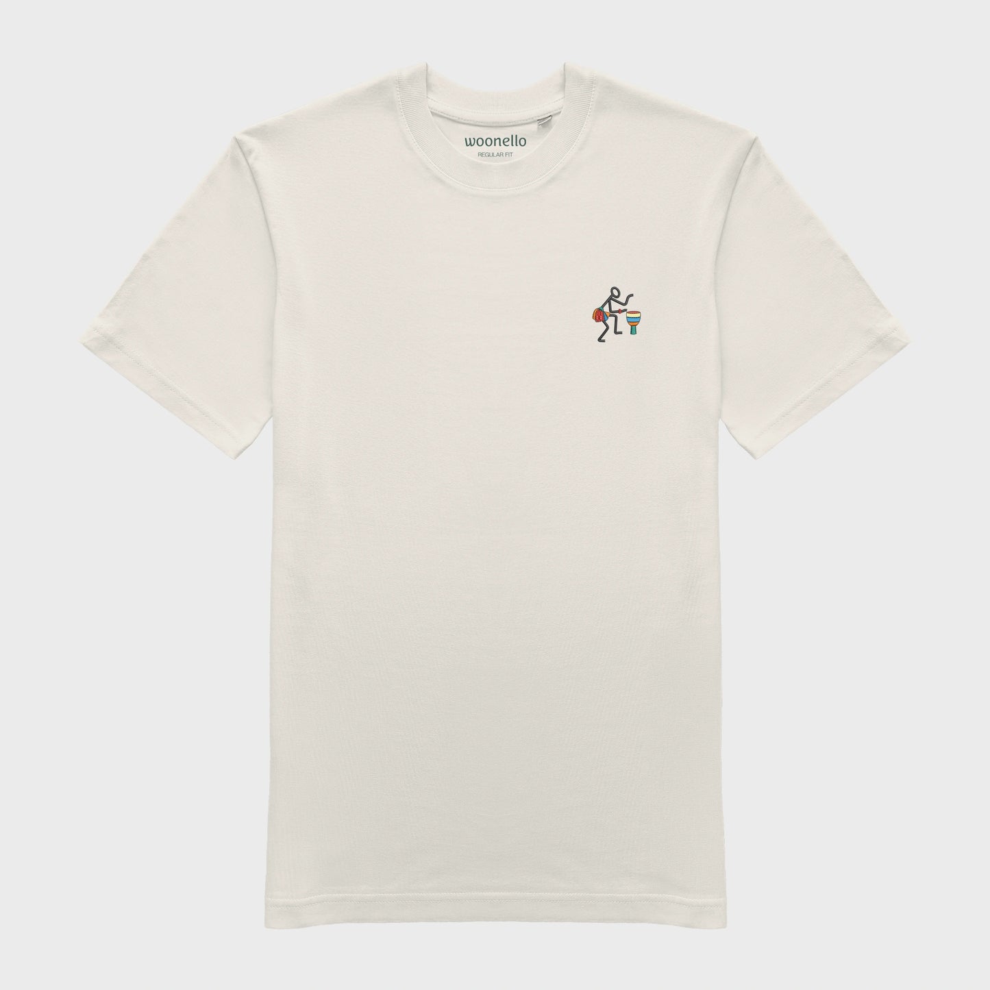 Unisex off white T-shirt with embroidered chest design, Abstract African musician playing a drum