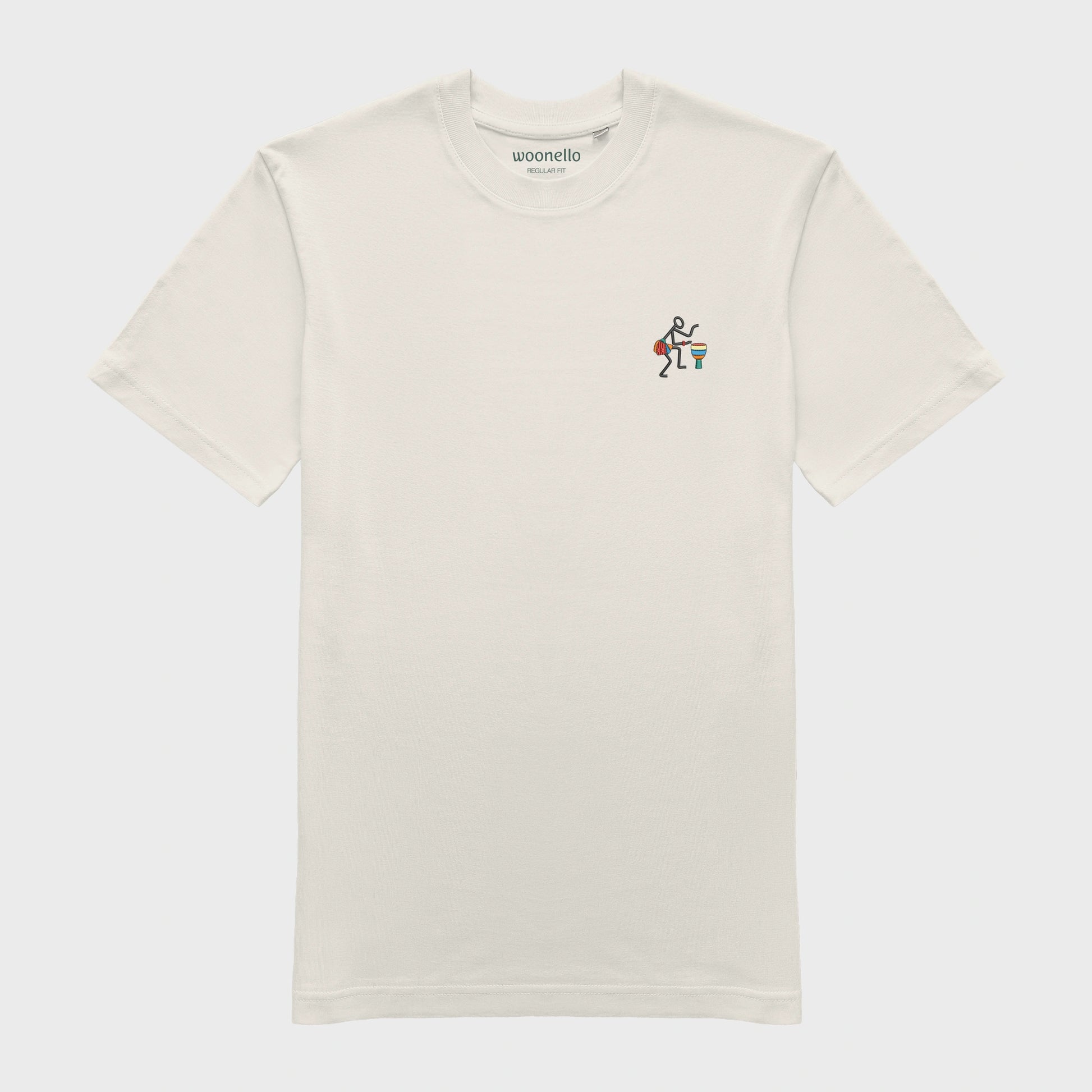 Unisex off white T-shirt with embroidered chest design, Abstract African musician playing a drum