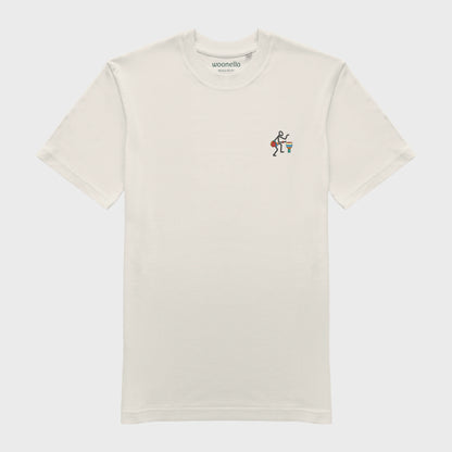 Unisex off white T-shirt with embroidered chest design, Abstract African musician playing a drum