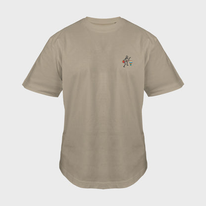 Unisex oversize mastic T-shirt with embroidered chest design, Abstract African musician playing a drum, front view man