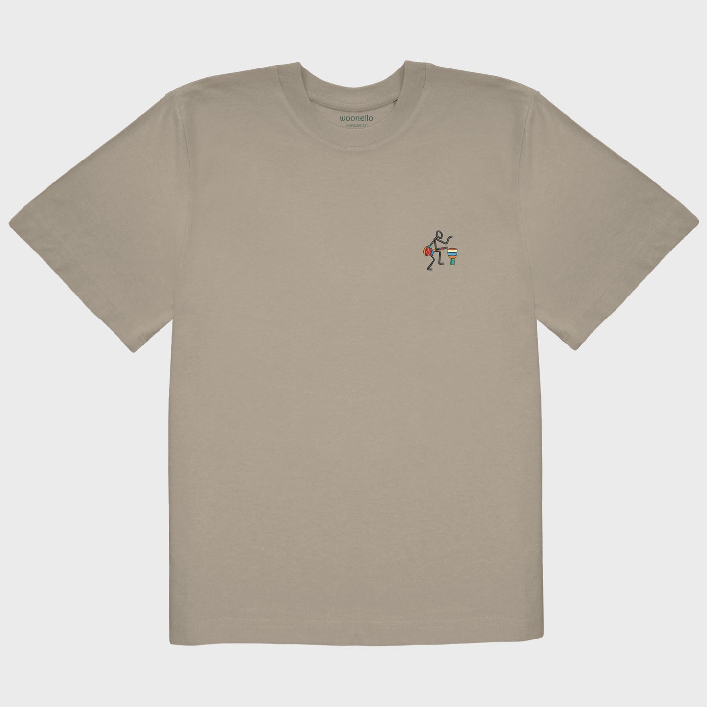 Unisex oversize mastic T-shirt with embroidered chest design, Abstract African musician playing a drum