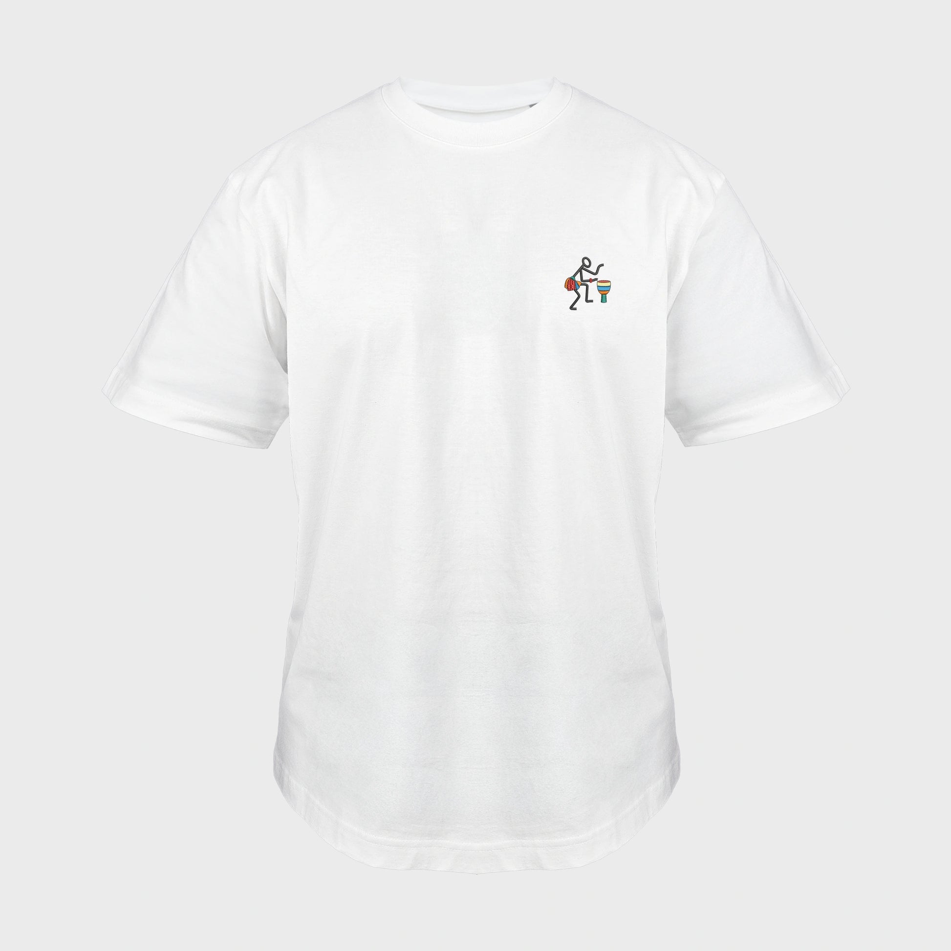 Unisex oversize white T-shirt with embroidered chest design, Abstract African musician playing a drum, front view man