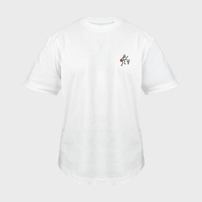 Unisex oversize white T-shirt with embroidered chest design, Abstract African musician playing a drum, front view man