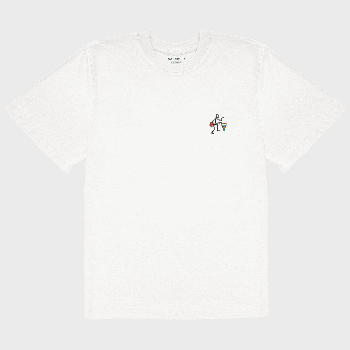 Unisex oversize white T-shirt with embroidered chest design, Abstract African musician playing a drum