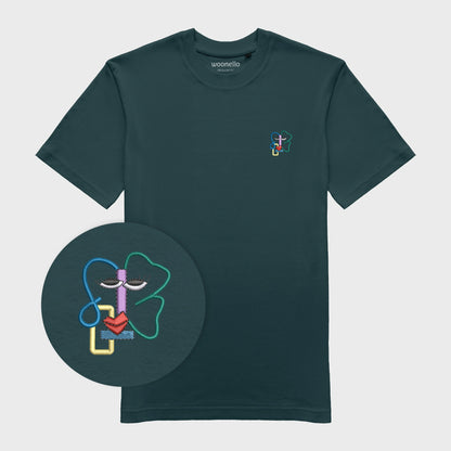 Unisex-T-Shirt petrol mit bestickter Brustpartie, Fokus auf Design, abstraktes Linienkunst-Gesicht mit farbenfrohen Details