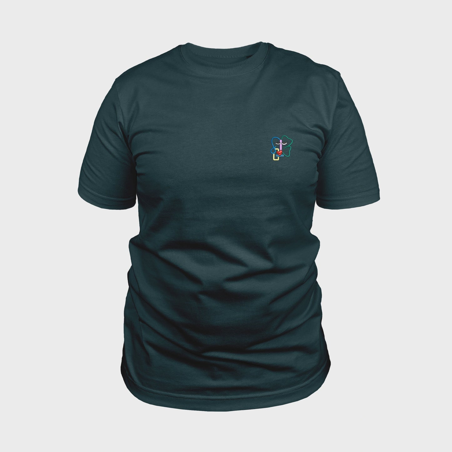 Unisex-T-Shirt petrol mit bestickter Brustpartie, abstraktes Linienkunst-Gesicht mit farbenfrohen Details, vorderansicht mann