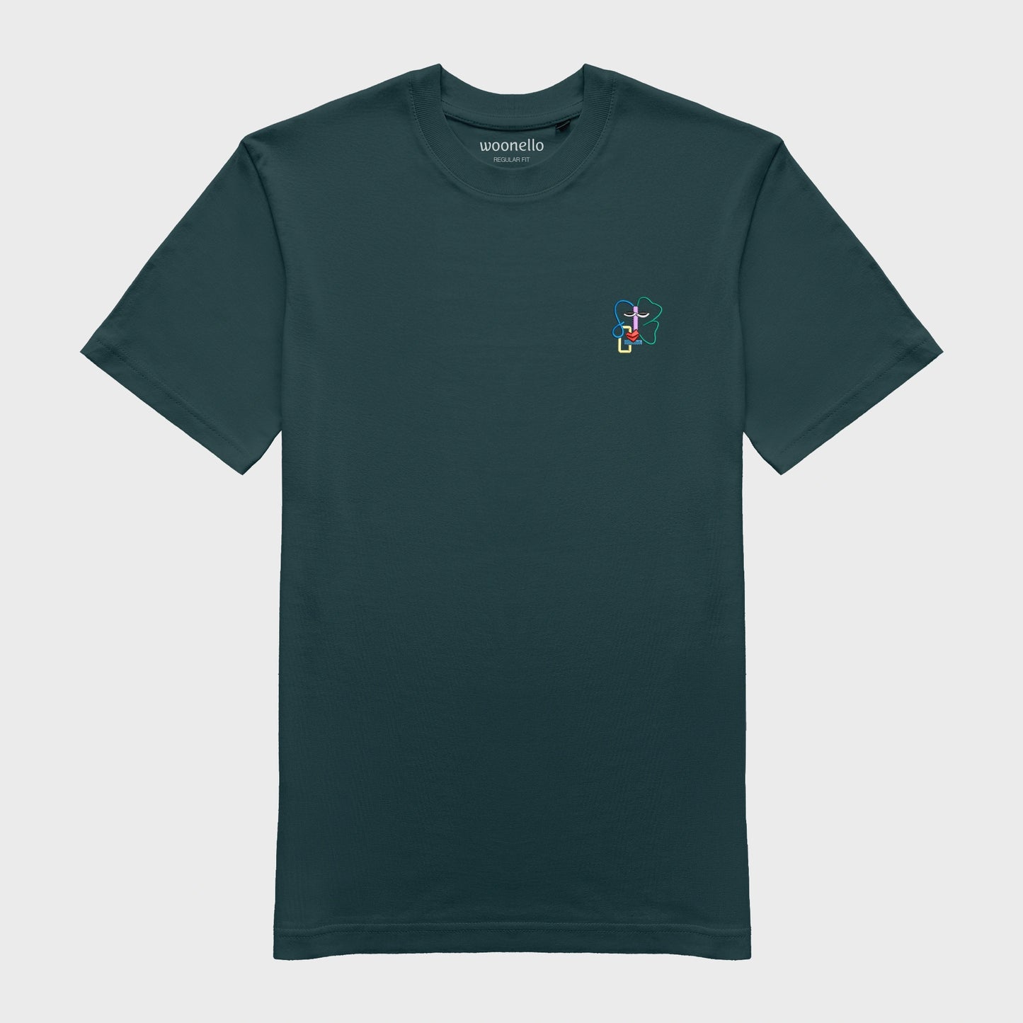 Unisex-T-Shirt petrol mit bestickter Brustpartie, abstraktes Linienkunst-Gesicht mit farbenfrohen Details