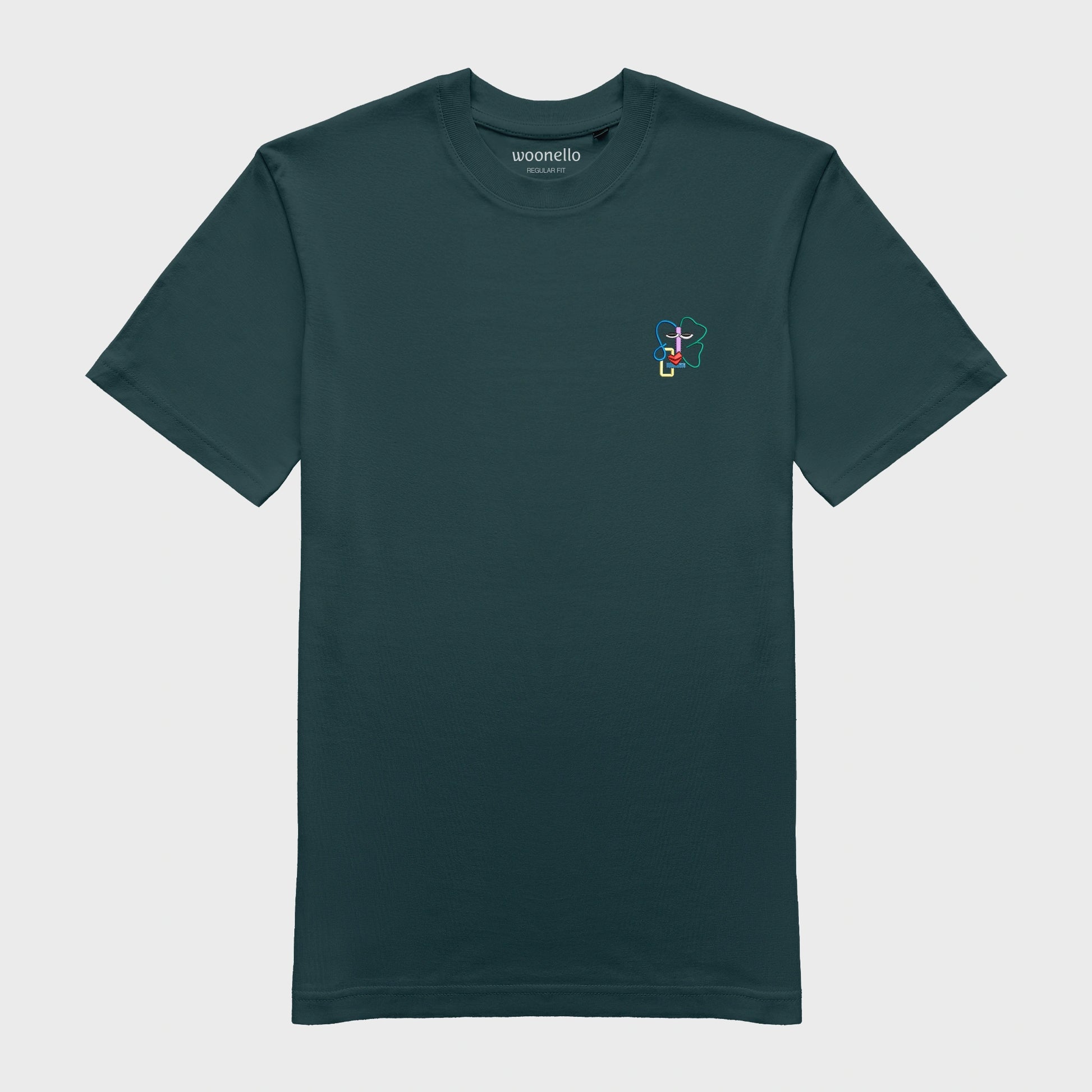 Unisex-T-Shirt petrol mit bestickter Brustpartie, abstraktes Linienkunst-Gesicht mit farbenfrohen Details