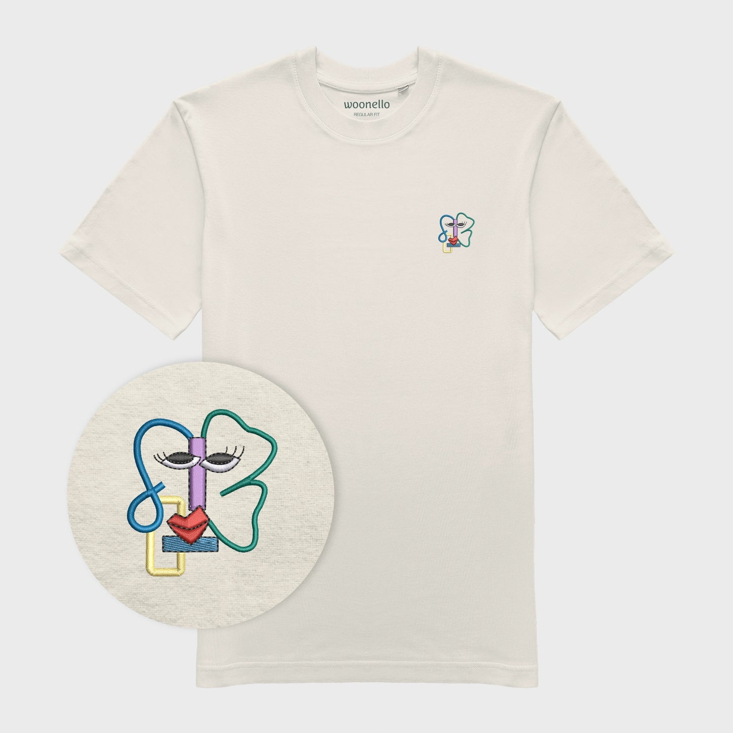 Unisex-T-Shirt cremeweiß mit bestickter Brustpartie, Fokus auf Design, abstraktes Linienkunst-Gesicht mit farbenfrohen Details