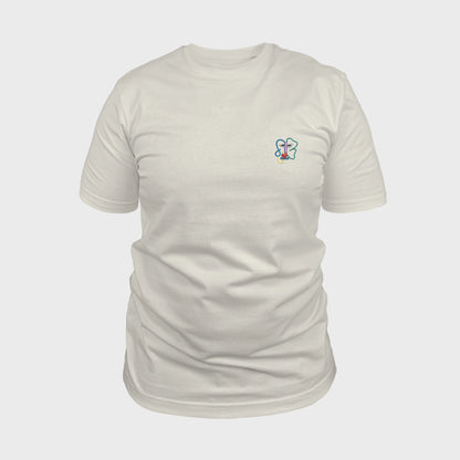Unisex-T-Shirt cremeweiß mit bestickter Brustpartie, abstraktes Linienkunst-Gesicht mit farbenfrohen Details, vorderansicht mann