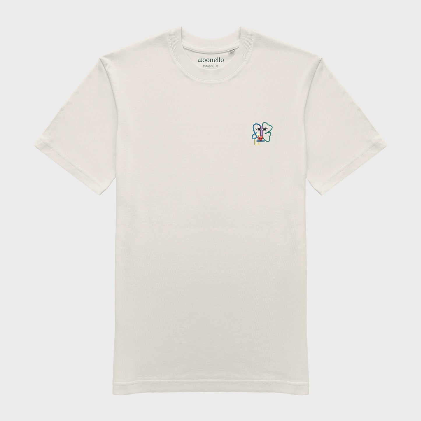 Unisex-T-Shirt cremeweiß mit bestickter Brustpartie, abstraktes Linienkunst-Gesicht mit farbenfrohen Details