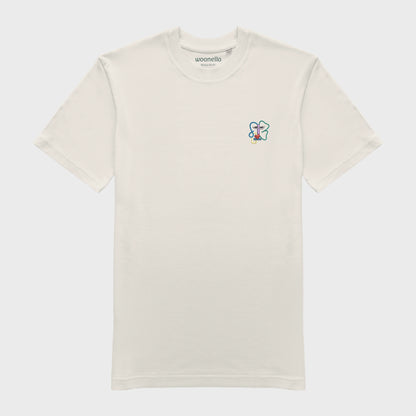 Unisex-T-Shirt cremeweiß mit bestickter Brustpartie, abstraktes Linienkunst-Gesicht mit farbenfrohen Details
