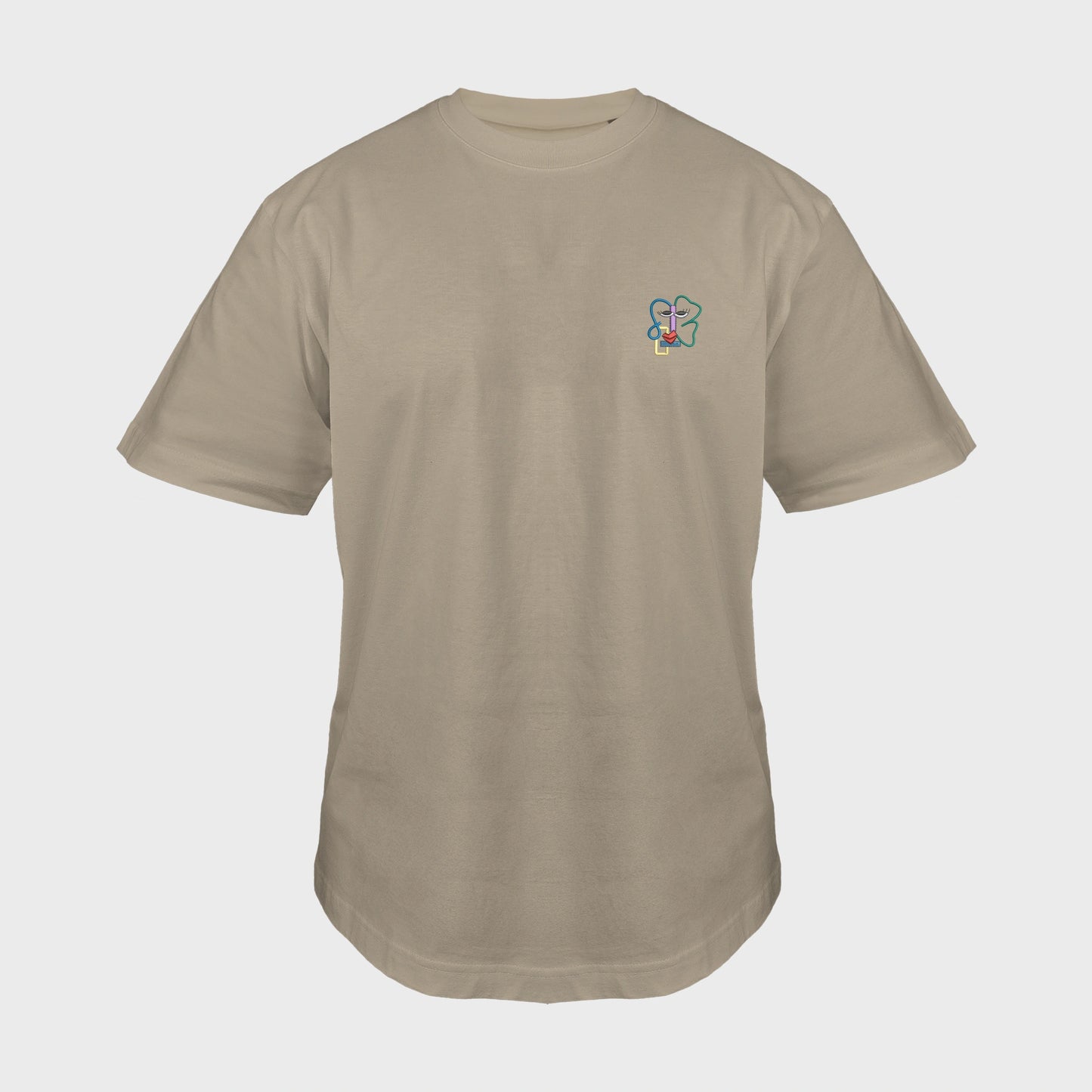 Unisex-T-Shirt Oversize mastic mit bestickter Brustpartie, abstraktes Linienkunst-Gesicht mit farbenfrohen Details, vorderansicht mann