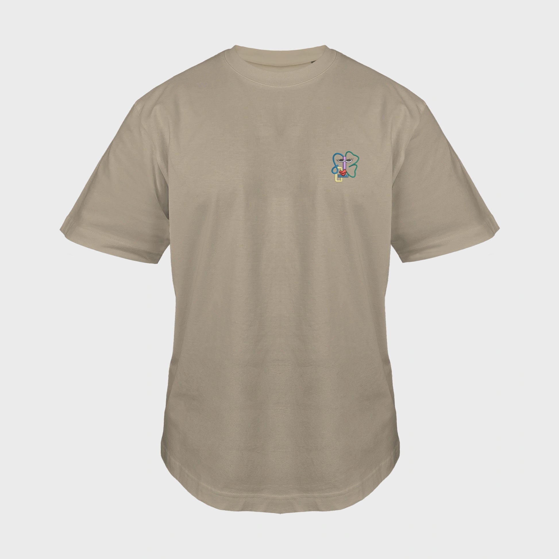Unisex-T-Shirt Oversize mastic mit bestickter Brustpartie, abstraktes Linienkunst-Gesicht mit farbenfrohen Details, vorderansicht mann