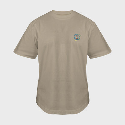 Unisex-T-Shirt Oversize mastic mit bestickter Brustpartie, abstraktes Linienkunst-Gesicht mit farbenfrohen Details, vorderansicht mann