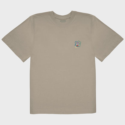 Unisex-T-Shirt Oversize mastic mit bestickter Brustpartie, abstraktes Linienkunst-Gesicht mit farbenfrohen Details