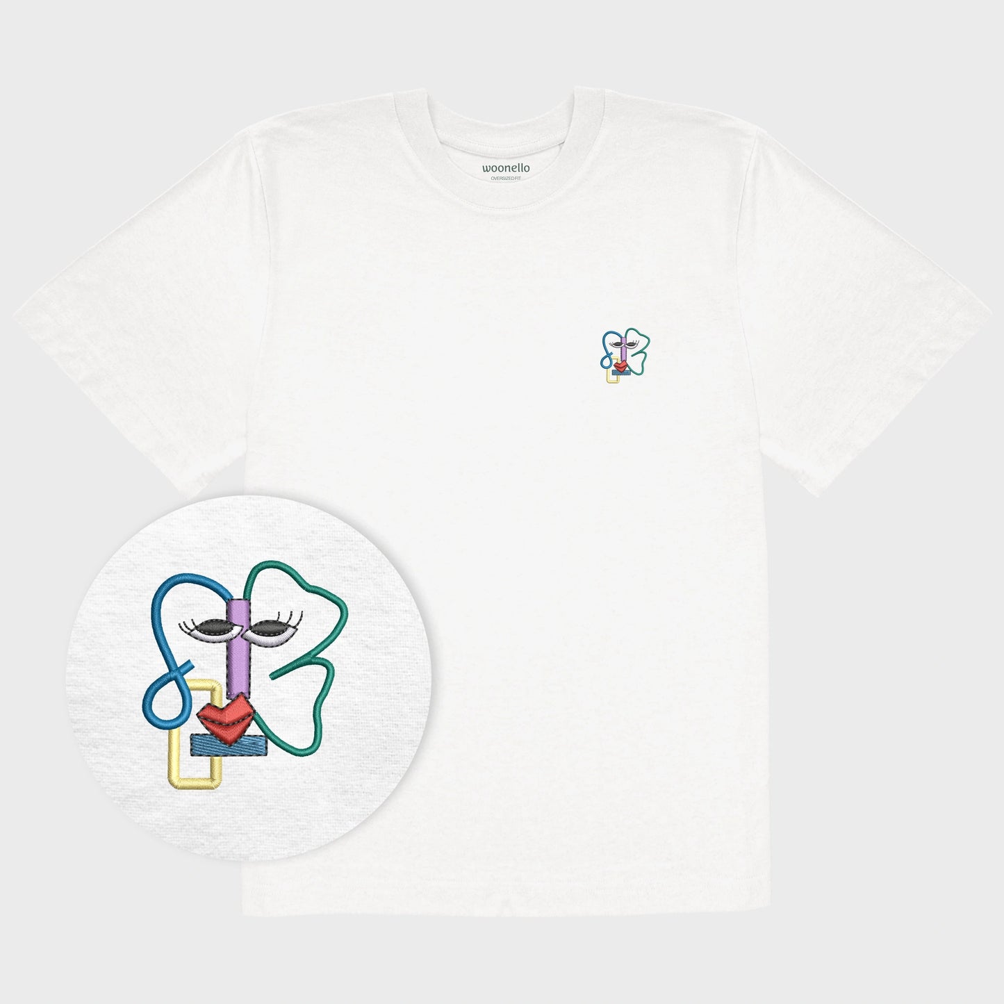 Unisex-T-Shirt Oversize weiß mit bestickter Brustpartie, Fokus auf Design, abstraktes Linienkunst-Gesicht mit farbenfrohen Details