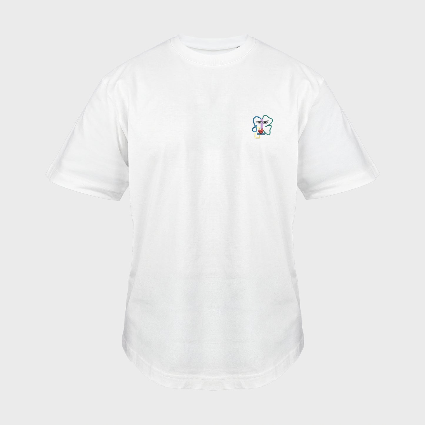 Unisex-T-Shirt Oversize weiß mit bestickter Brustpartie, abstraktes Linienkunst-Gesicht mit farbenfrohen Details, vorderansicht mann
