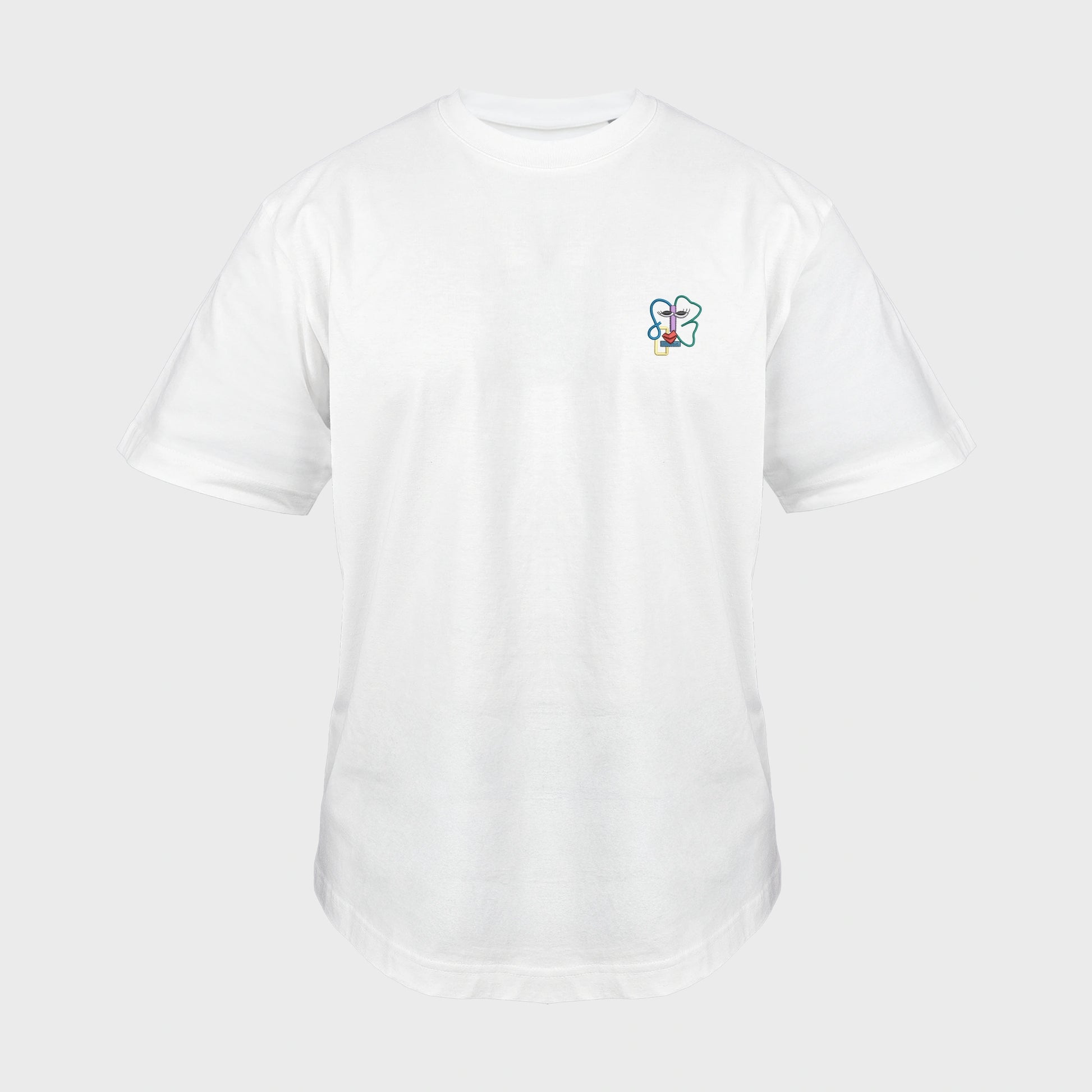 Unisex-T-Shirt Oversize weiß mit bestickter Brustpartie, abstraktes Linienkunst-Gesicht mit farbenfrohen Details, vorderansicht mann