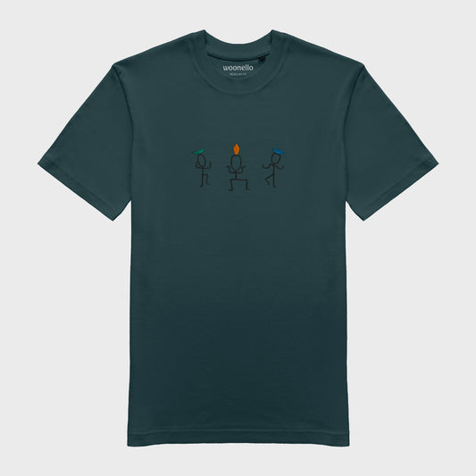 Unisex amalfi teal T-shirt with large embroidered chest design, illustration of three dancing figures with vases on their heads