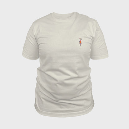 Unisex-T-Shirt cremeweiß mit bestickter Brustpartie, afrikanischer Frau in Kleid, rote Schüssel auf Kopf, vorderansicht mann