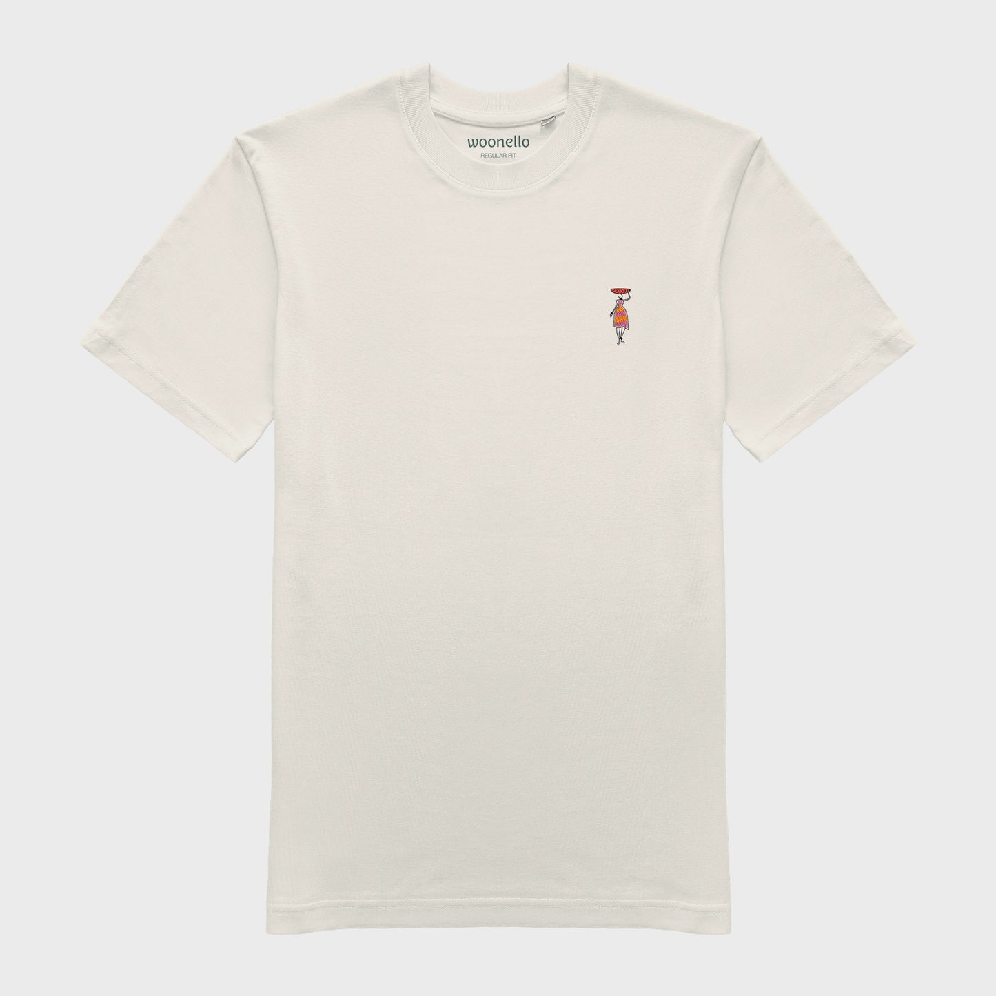Unisex-T-Shirt cremeweiß mit bestickter Brustpartie, afrikanischer Frau in Kleid, rote Schüssel auf Kopf