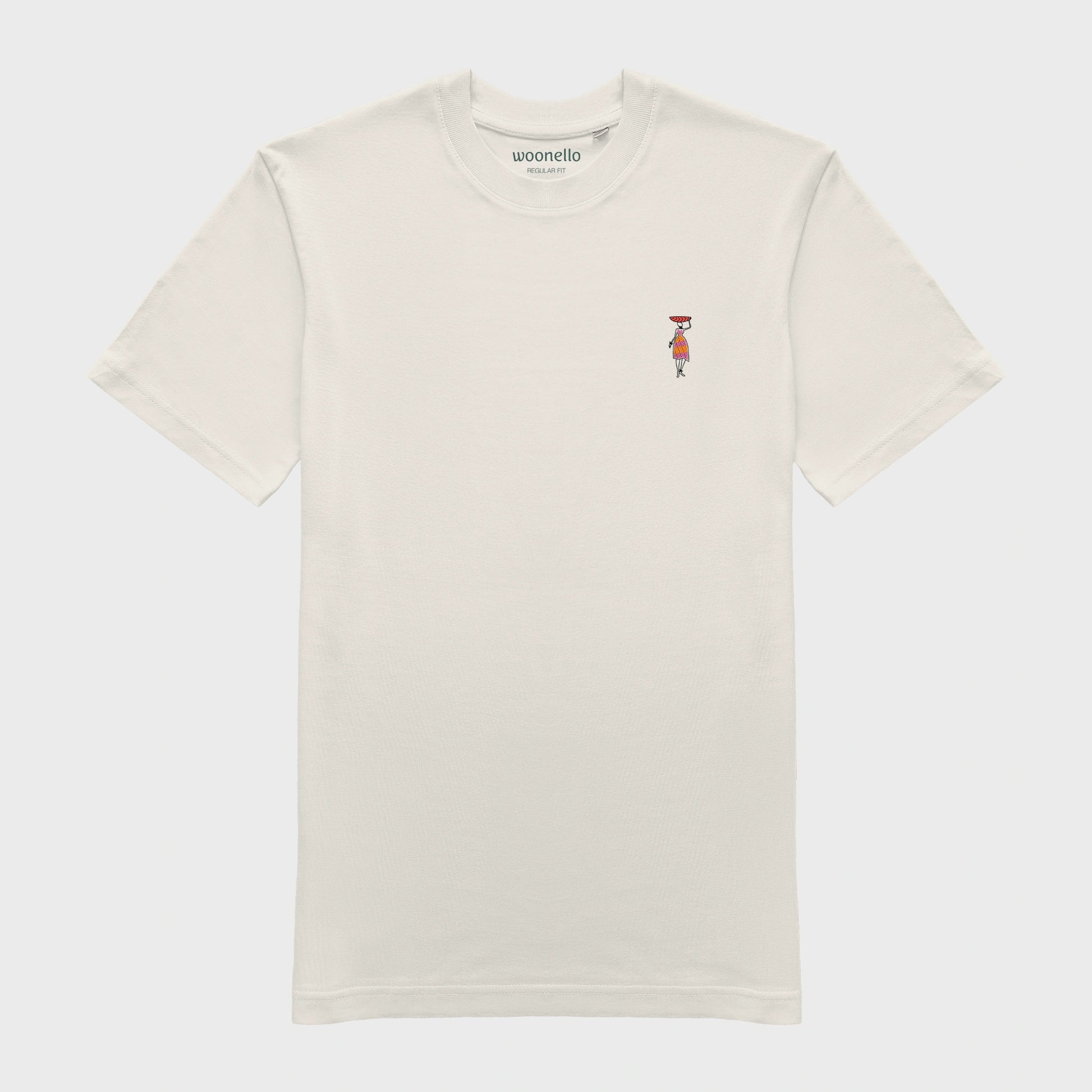 Unisex-T-Shirt cremeweiß mit bestickter Brustpartie, afrikanischer Frau in Kleid, rote Schüssel auf Kopf