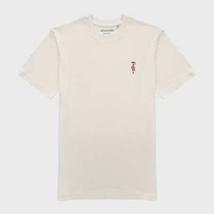 Unisex-T-Shirt cremeweiß mit bestickter Brustpartie, afrikanischer Frau in Kleid, rote Schüssel auf Kopf