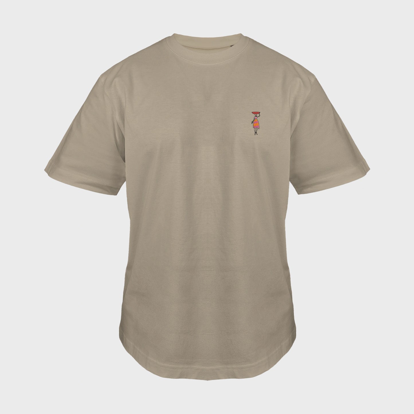 Unisex-T-Shirt Oversize mastic mit bestickter Brustpartie, afrikanischer Frau in Kleid, rote Schüssel auf Kopf, vorderansicht mann