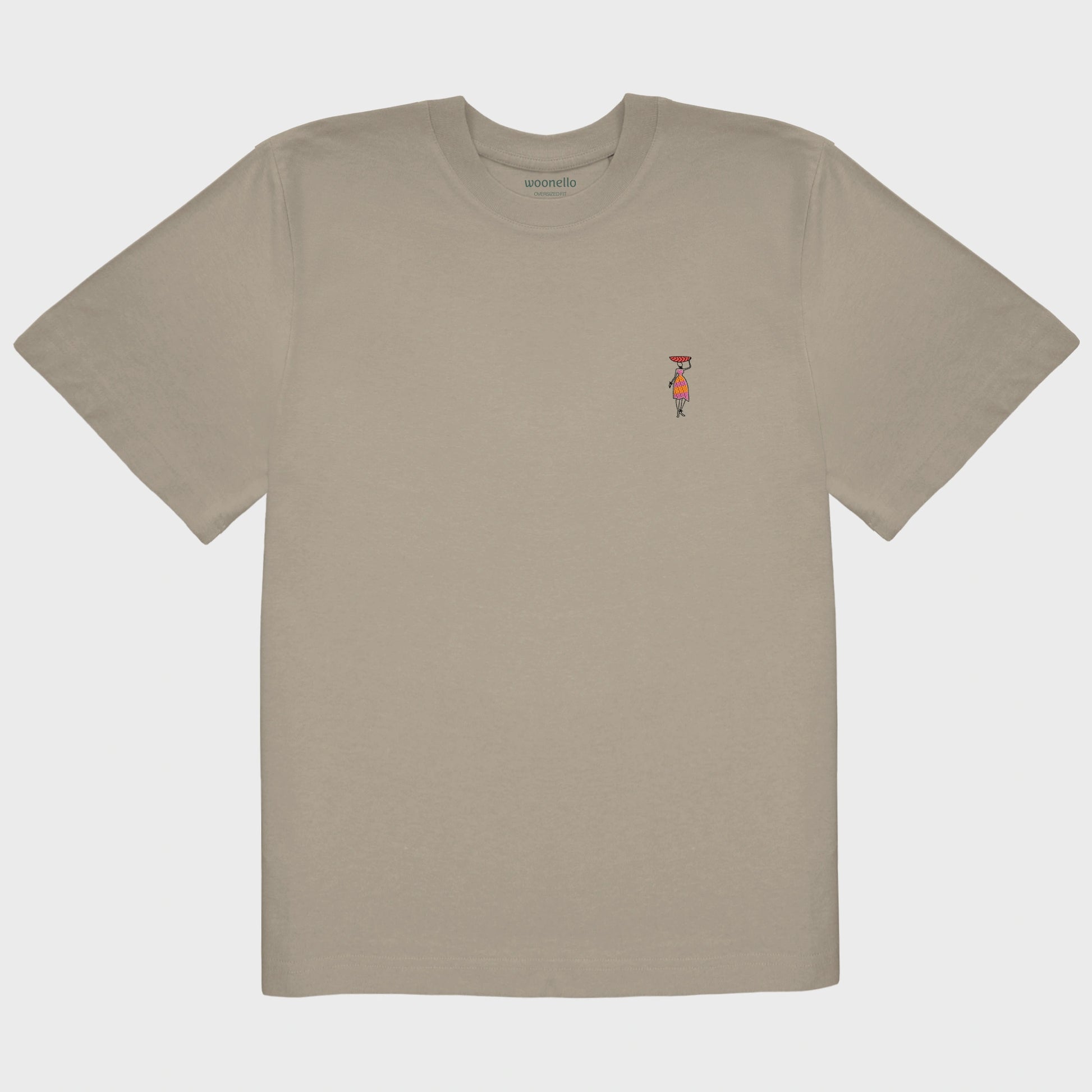 Unisex-T-Shirt Oversize mastic mit bestickter Brustpartie, afrikanischer Frau in Kleid, rote Schüssel auf Kopf