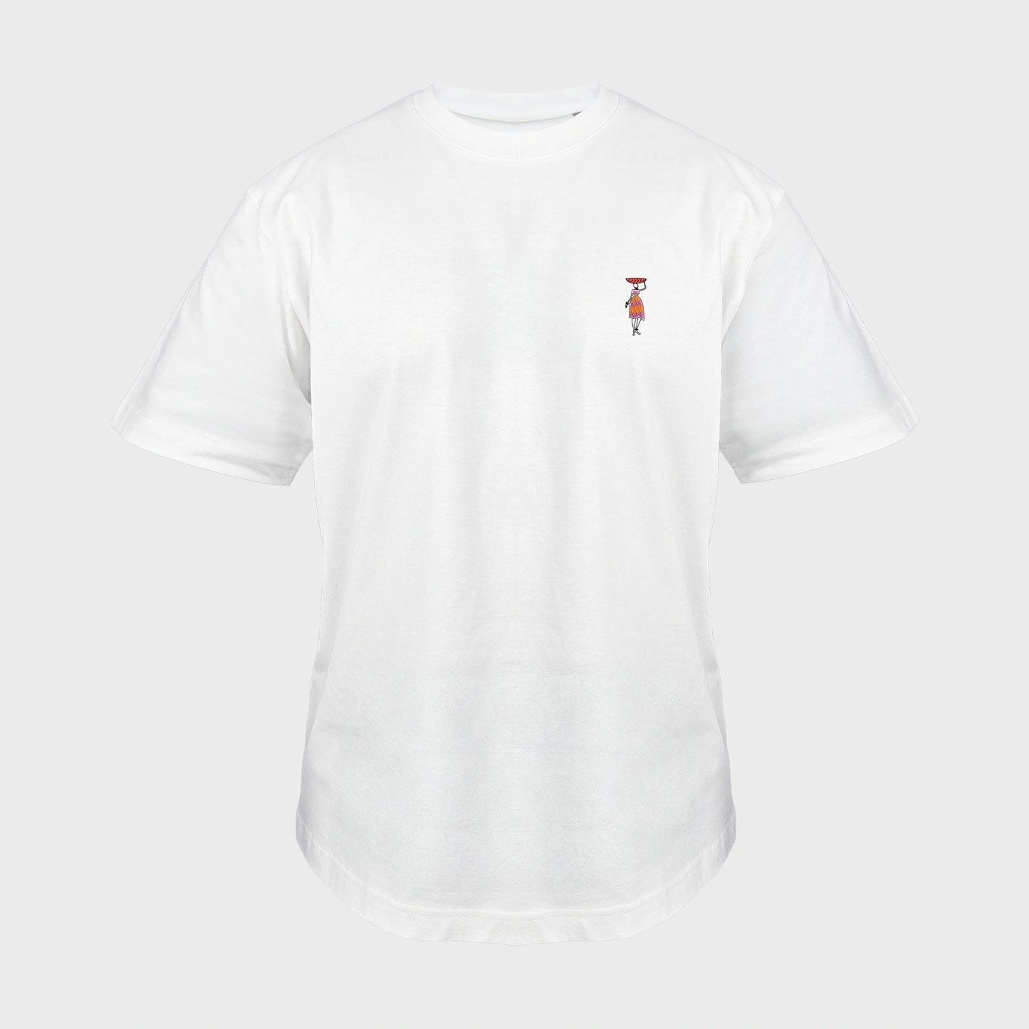 Unisex-T-Shirt Oversize weiß mit bestickter Brustpartie, afrikanischer Frau in Kleid, rote Schüssel auf Kopf, vorderansicht mann