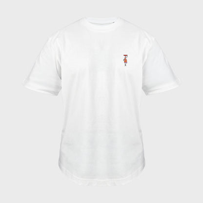 Unisex-T-Shirt Oversize weiß mit bestickter Brustpartie, afrikanischer Frau in Kleid, rote Schüssel auf Kopf, vorderansicht mann