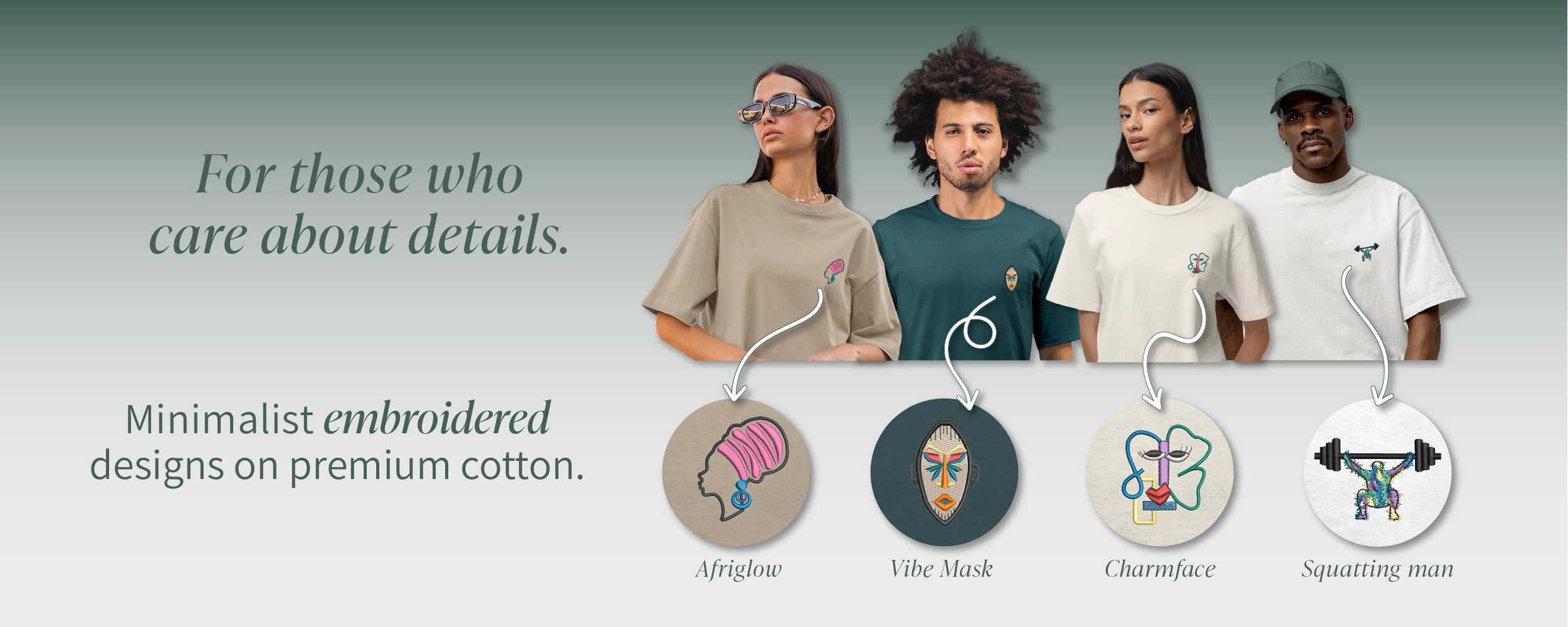Four models wearing Woonello T-Shirts with different designs, tagline for those who care about details.