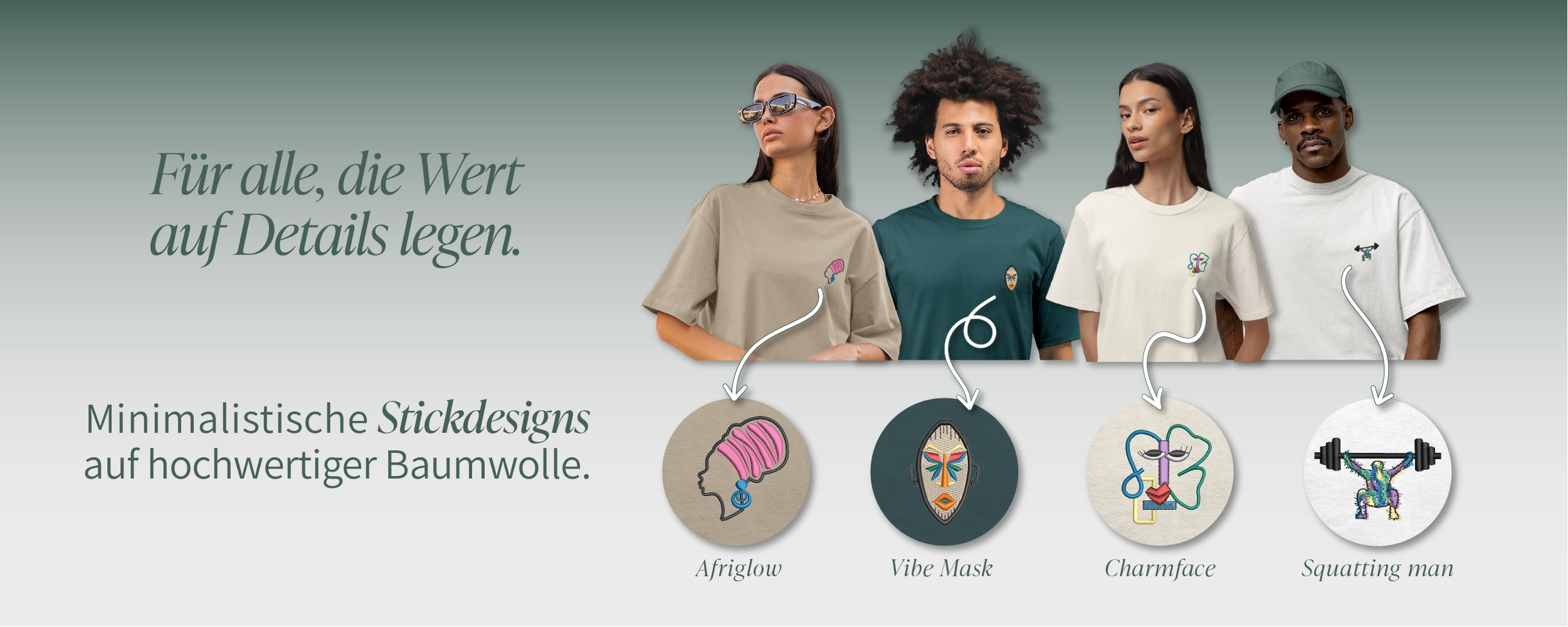 Vier Models tragen Woonello-T-Shirts mit unterschiedlichen Designs, tagline für alle, die Wert auf Details legen.
