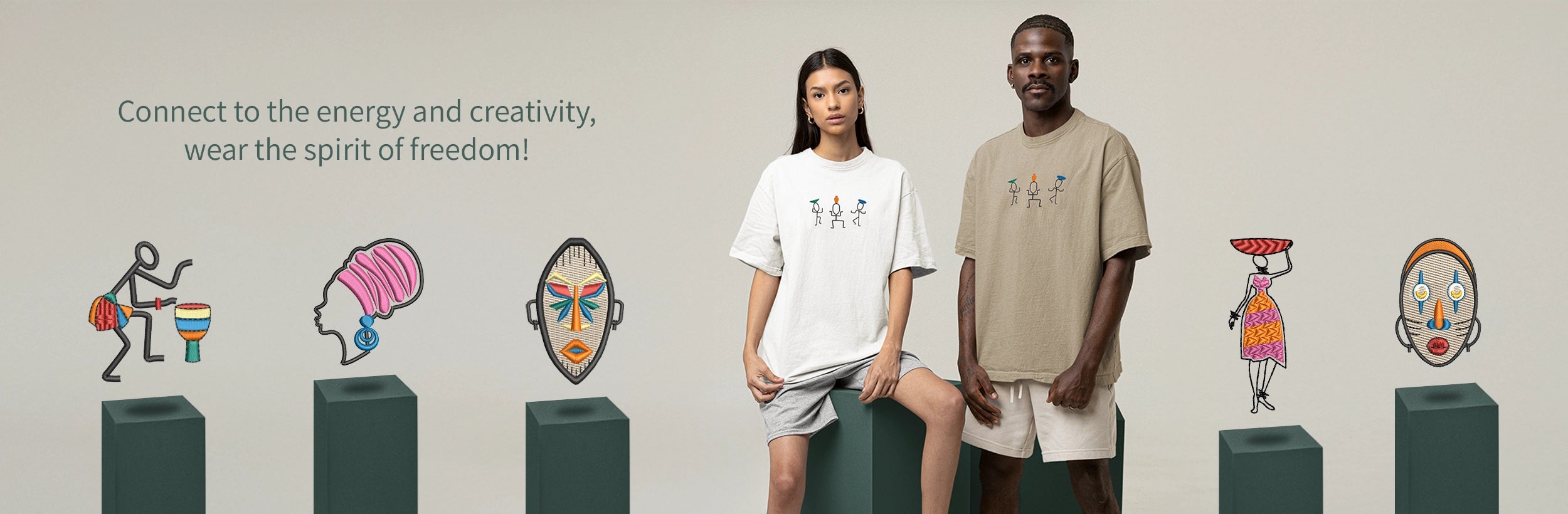 Image banner, free spirit collection models and designs, tagline connect to the energy and creativity, wear the spirit of freedom.