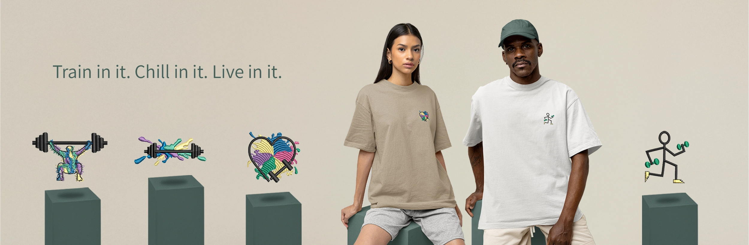 Image banner, urban athlete collection models and designs, tagline Train in it. Chill in it. Live in it.