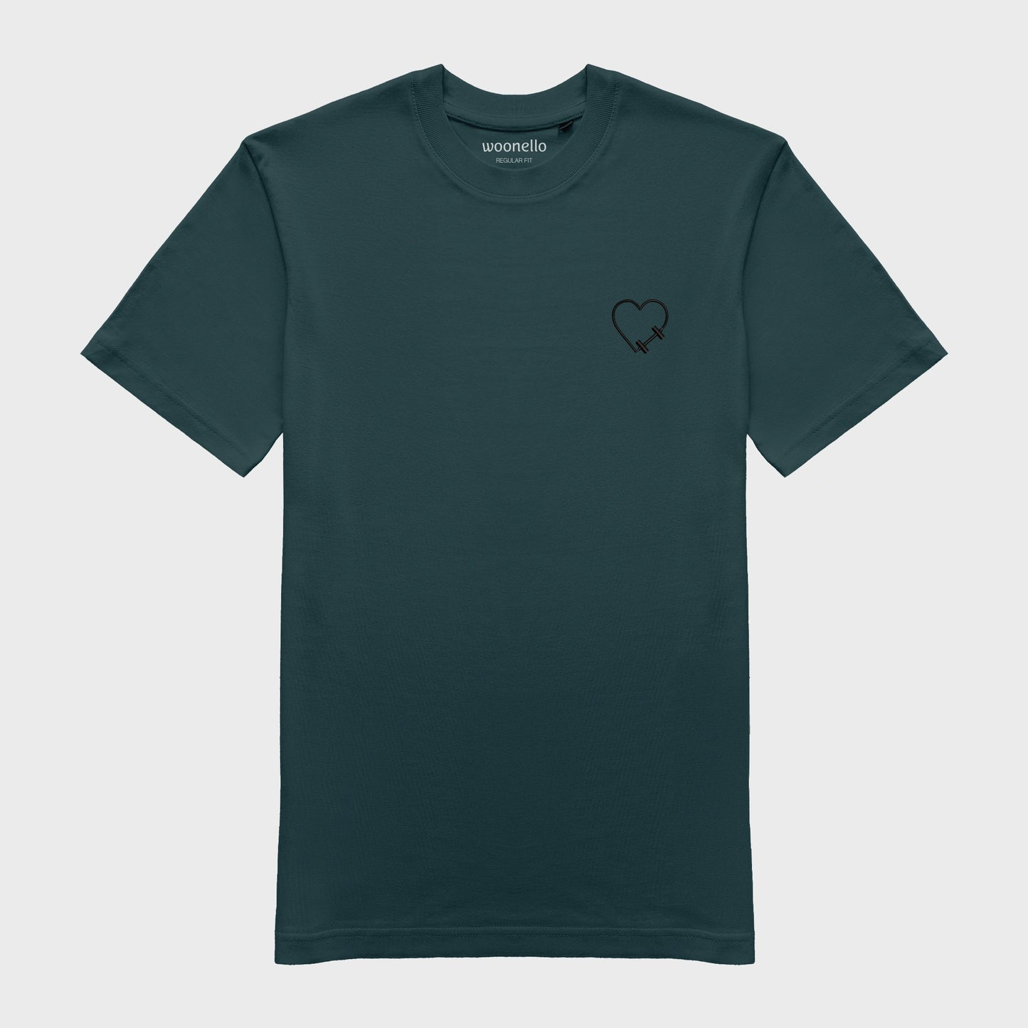 Unisex-T-Shirt petrol mit bestickter Brustpartie, Hantelmotiv in Herzform